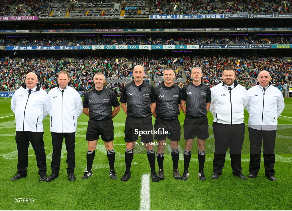 23 July 2023; Match officials, left to right, umpires Paul Reville, David Clune, standby referee Liam Gordon, referee John Keenan, linesnman James Owens, sideline official Shane Hynes and umpires Tommy Redmond and Eddie Leonard, before the GAA Hurling All-Ireland Senior Championship final match between Kilkenny and Limerick at Croke Park in Dublin. Photo by Ray McManus/Sportsfile