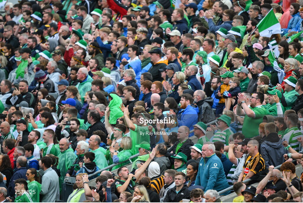 23 July 2023; Limerick supporters on Hill 16 before the GAA Hurling All-Ireland Senior Championship final match between Kilkenny and Limerick at Croke Park in Dublin. Photo by Ray McManus/Sportsfile