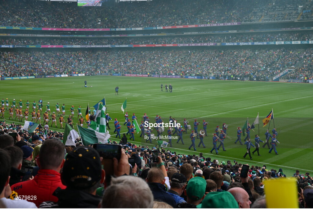 23 July 2023; Both teams march behind The Artane Band before the GAA Hurling All-Ireland Senior Championship final match between Kilkenny and Limerick at Croke Park in Dublin. Photo by Ray McManus/Sportsfile