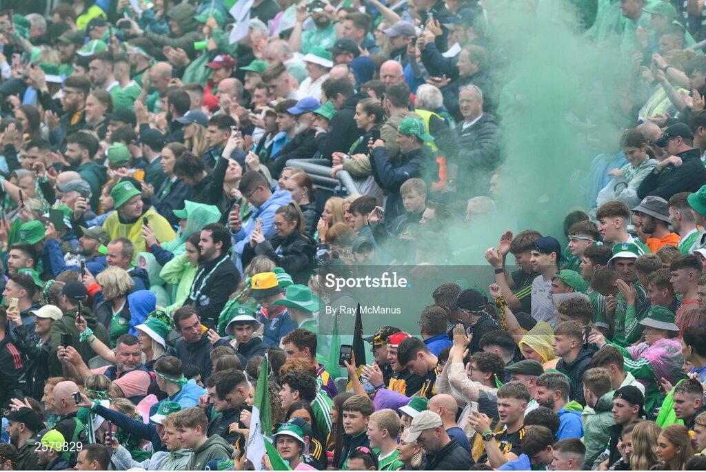 23 July 2023; Smoke emuniates from a flare on Hill 16 before the GAA Hurling All-Ireland Senior Championship final match between Kilkenny and Limerick at Croke Park in Dublin. Photo by Ray McManus/Sportsfile