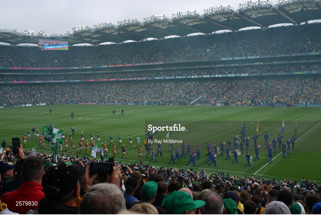 23 July 2023; Both teams march behind The Artane Band before the GAA Hurling All-Ireland Senior Championship final match between Kilkenny and Limerick at Croke Park in Dublin. Photo by Ray McManus/Sportsfile