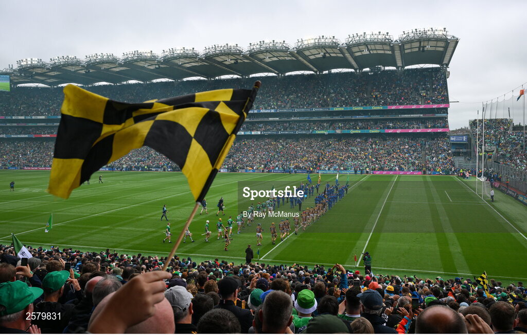 23 July 2023; Both teams march behind The Artane Band before the GAA Hurling All-Ireland Senior Championship final match between Kilkenny and Limerick at Croke Park in Dublin. Photo by Ray McManus/Sportsfile