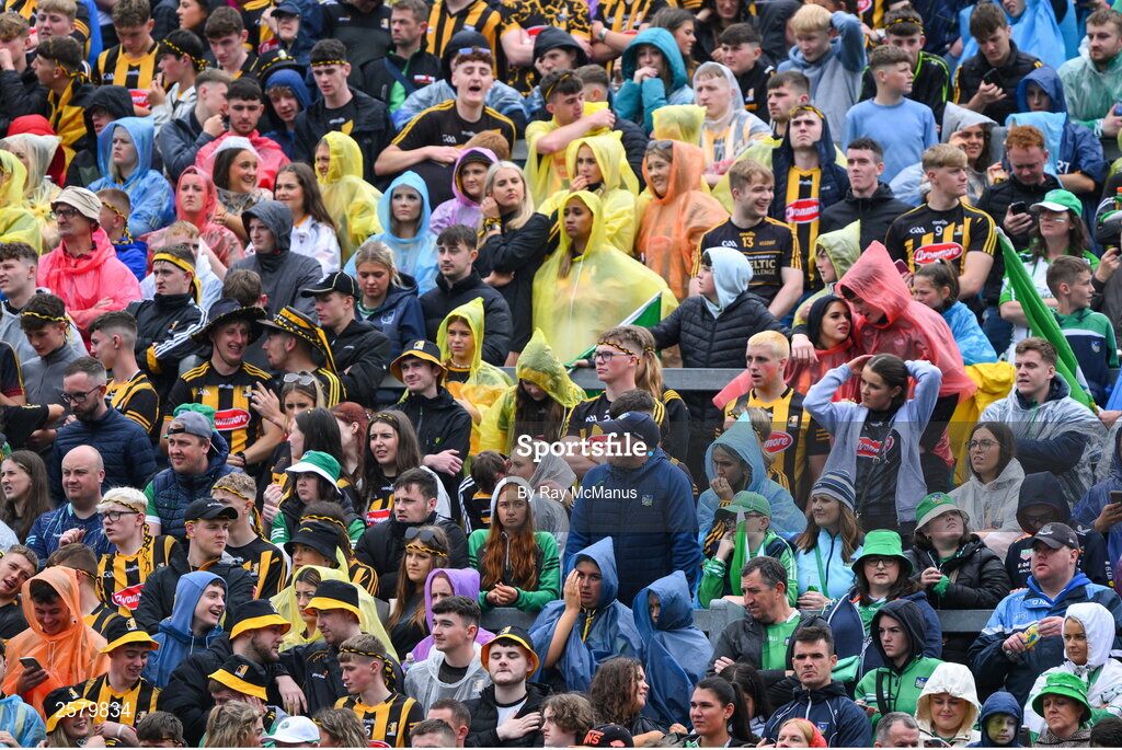 23 July 2023; Kilkenny and Limerick supporters, on Hill 16, before the GAA Hurling All-Ireland Senior Championship final match between Kilkenny and Limerick at Croke Park in Dublin. Photo by Ray McManus/Sportsfile