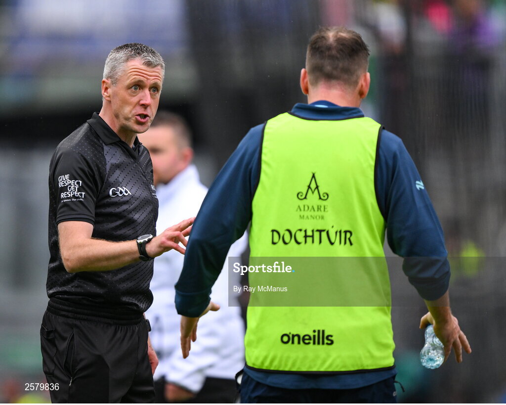 23 July 2023;Sideline official Shane Hynes speaks to Limerick team doctor James Ryan during the GAA Hurling All-Ireland Senior Championship final match between Kilkenny and Limerick at Croke Park in Dublin. Photo by Ray McManus/Sportsfile
