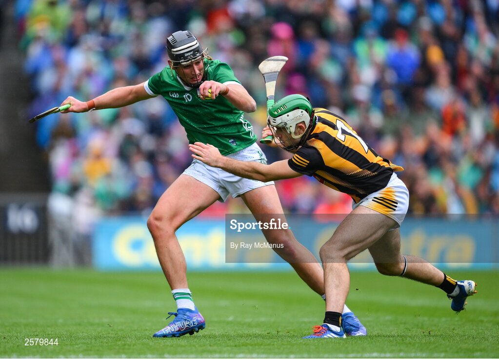 23 July 2023; Gearóid Hegarty of Limerick is tackled by Paddy Deegan of Kilkenny during the GAA Hurling All-Ireland Senior Championship final match between Kilkenny and Limerick at Croke Park in Dublin. Photo by Ray McManus/Sportsfile