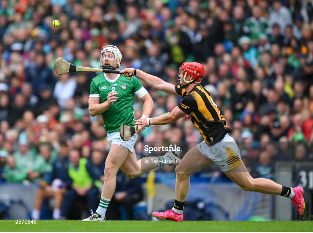 23 July 2023; Cian Lynch of Limerick in action against Adrian Mullen of Kilkenny during the GAA Hurling All-Ireland Senior Championship final match between Kilkenny and Limerick at Croke Park in Dublin. Photo by Ray McManus/Sportsfile