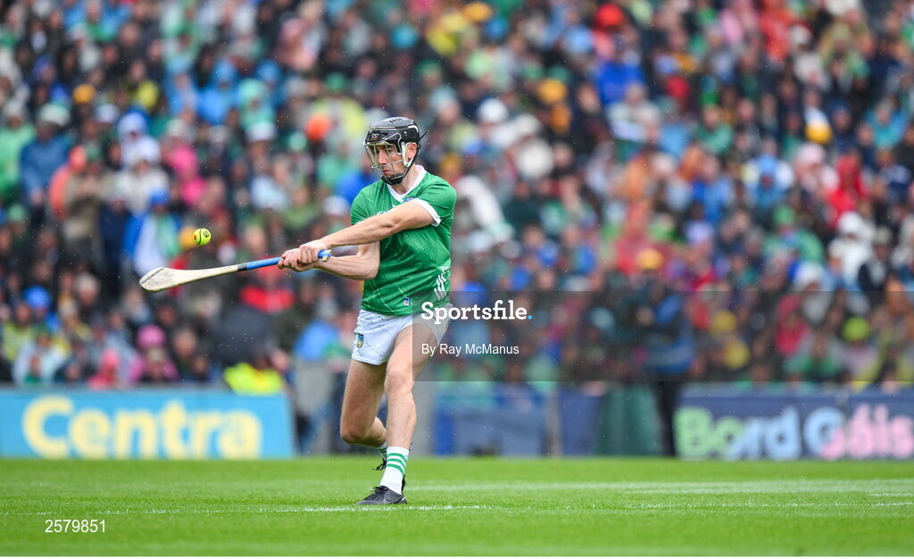 23 July 2023; Diarmaid Byrnes of Limerick strikes a free during the GAA Hurling All-Ireland Senior Championship final match between Kilkenny and Limerick at Croke Park in Dublin. Photo by Ray McManus/Sportsfile