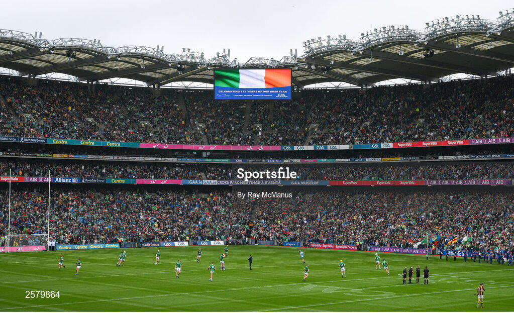 23 July 2023; The 'big screen' displays a Tricolour before the GAA Hurling All-Ireland Senior Championship final match between Kilkenny and Limerick at Croke Park in Dublin. Photo by Ray McManus/Sportsfile