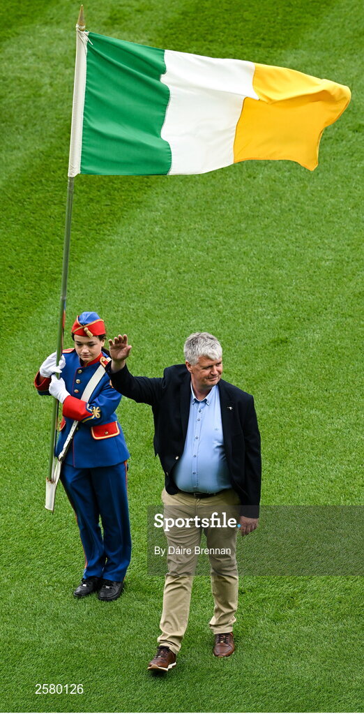 23 July 2023; Hubert Rigney of the Offaly 1998 All-Ireland winning Jubilee team as the team are honoured before the the GAA Hurling All-Ireland Senior Championship final match between Kilkenny and Limerick at Croke Park in Dublin. Photo by Daire Brennan/Sportsfile