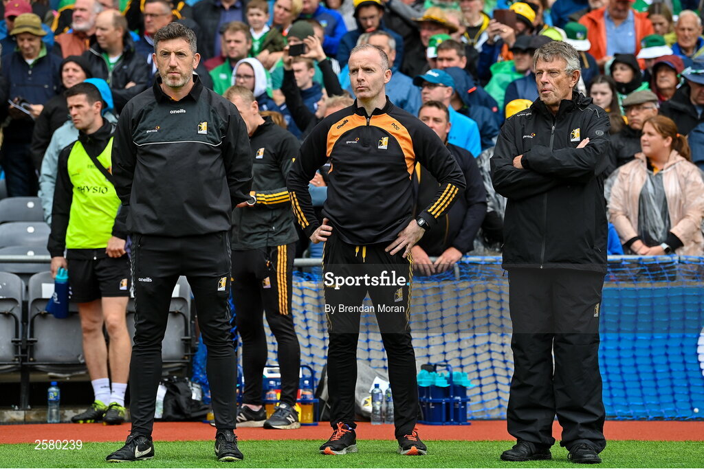23 July 2023; Kilkenny manager Derek Lyng, left, selector Peter O'Donovan and Kilkenny County Board secretary Seamus Reade, right, before the GAA Hurling All-Ireland Senior Championship final match between Kilkenny and Limerick at Croke Park in Dublin. Photo by Brendan Moran/Sportsfile