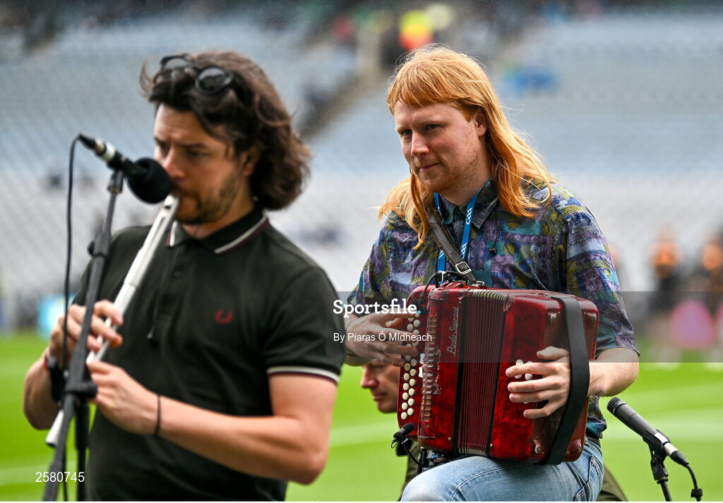23 July 2023; The Mary Wallopers playing before the GAA Hurling All-Ireland Senior Championship final match between Kilkenny and Limerick at Croke Park in Dublin. Photo by Piaras Ó Mídheach/Sportsfile