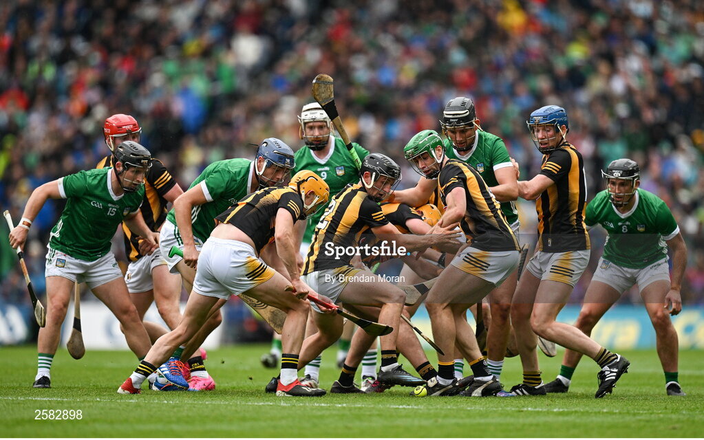 23 July 2023; Players from both sides contest possession of a loose sliotar during the GAA Hurling All-Ireland Senior Championship final match between Kilkenny and Limerick at Croke Park in Dublin. Photo by Brendan Moran/Sportsfile