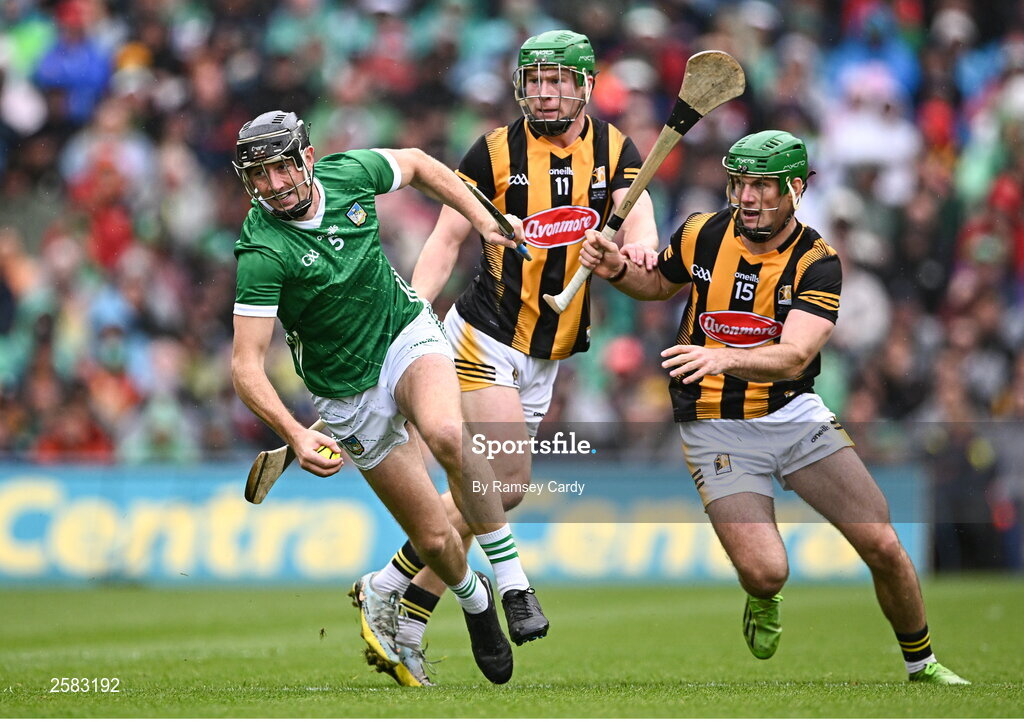 23 July 2023; Diarmaid Byrnes of Limerick in action against Eoin Cody of Kilkenny during the GAA Hurling All-Ireland Senior Championship final match between Kilkenny and Limerick at Croke Park in Dublin. Photo by Ramsey Cardy/Sportsfile