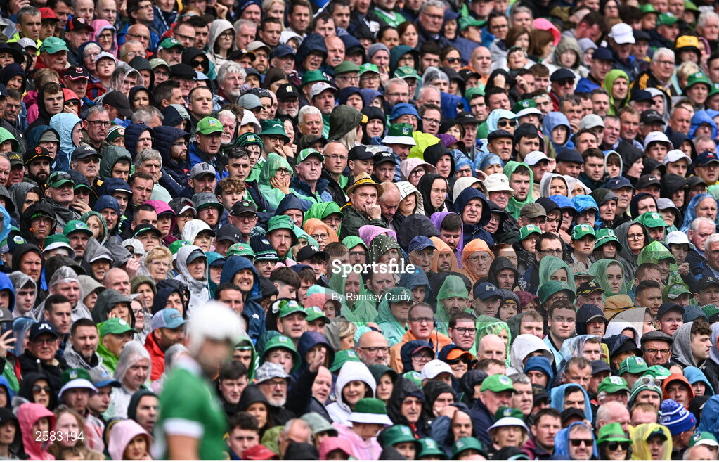 23 July 2023; Supporters watch on as Aaron Gillane of Limerick prepares to hit a free during the GAA Hurling All-Ireland Senior Championship final match between Kilkenny and Limerick at Croke Park in Dublin. Photo by Ramsey Cardy/Sportsfile
