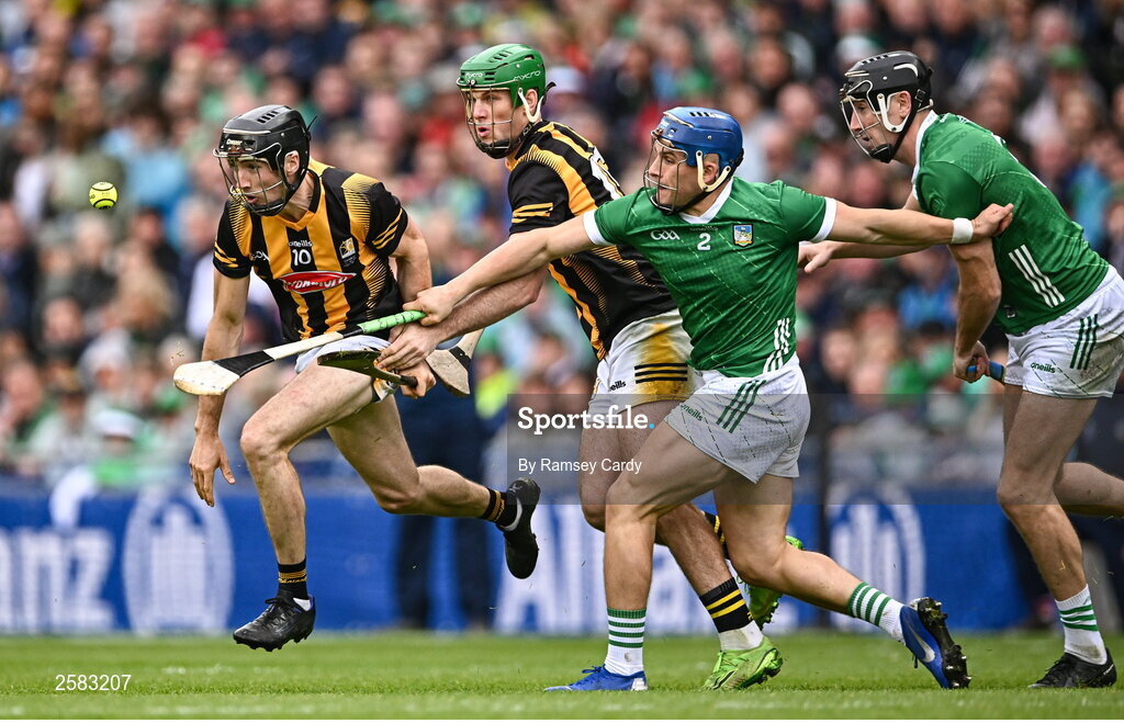 23 July 2023; Tom Phelan of Kilkenny in action against Mike Casey of Limerick during the GAA Hurling All-Ireland Senior Championship final match between Kilkenny and Limerick at Croke Park in Dublin. Photo by Ramsey Cardy/Sportsfile