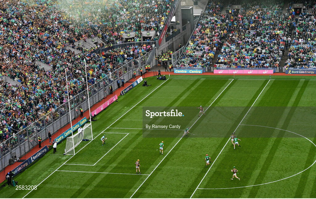 23 July 2023; A general view of as Tom Phelan of Kilkenny is hooked by Diarmaid Byrnes of Limerick during the GAA Hurling All-Ireland Senior Championship final match between Kilkenny and Limerick at Croke Park in Dublin. Photo by Ramsey Cardy/Sportsfile