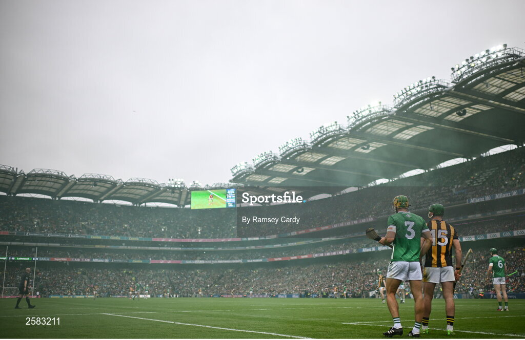 23 July 2023; Dan Morrissey of Limerick and Eoin Cody of Kilkenny during the GAA Hurling All-Ireland Senior Championship final match between Kilkenny and Limerick at Croke Park in Dublin. Photo by Ramsey Cardy/Sportsfile