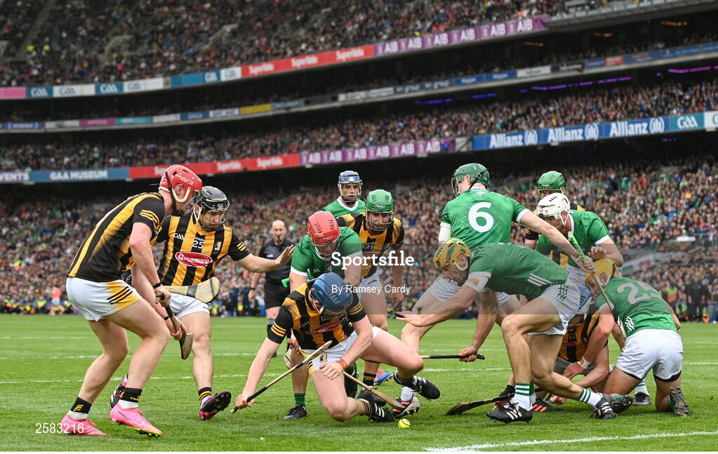 23 July 2023; Players from both teams battle for possession during the GAA Hurling All-Ireland Senior Championship final match between Kilkenny and Limerick at Croke Park in Dublin. Photo by Ramsey Cardy/Sportsfile