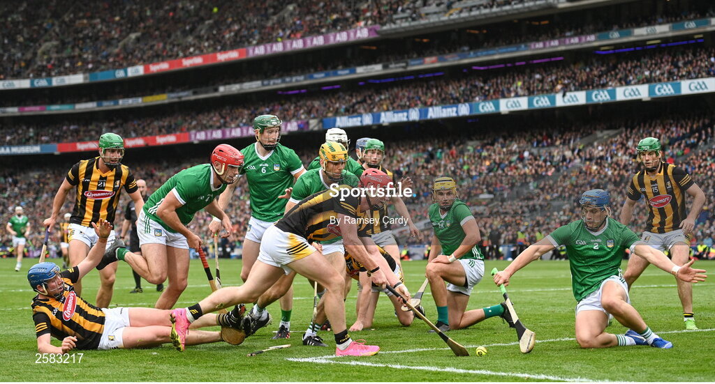 23 July 2023; Adrian Mullen of Kilkenny wins back possession during the GAA Hurling All-Ireland Senior Championship final match between Kilkenny and Limerick at Croke Park in Dublin. Photo by Ramsey Cardy/Sportsfile