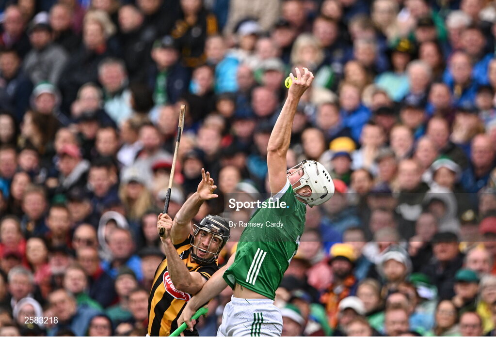 23 July 2023; Kyle Hayes of Limerick and Tom Phelan of Kilkenny during the GAA Hurling All-Ireland Senior Championship final match between Kilkenny and Limerick at Croke Park in Dublin. Photo by Ramsey Cardy/Sportsfile