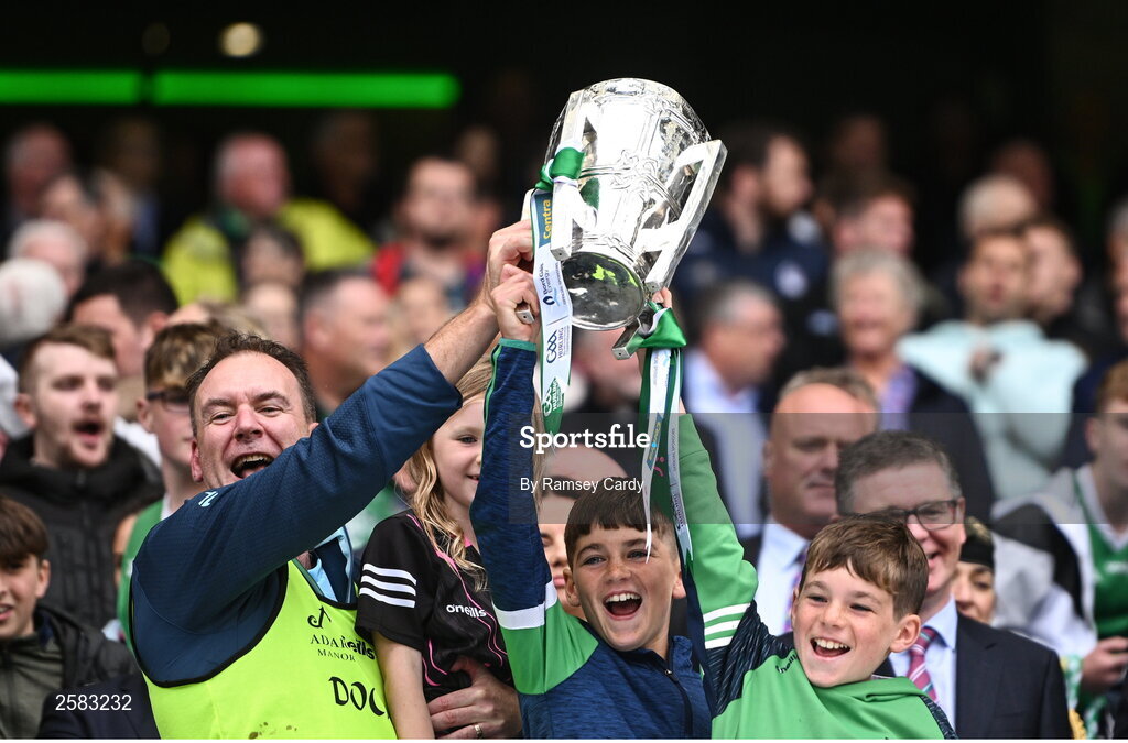 23 July 2023; Limerick team doctor James Ryan lifts the Liam MacCarthy Cup after the GAA Hurling All-Ireland Senior Championship final match between Kilkenny and Limerick at Croke Park in Dublin. Photo by Ramsey Cardy/Sportsfile