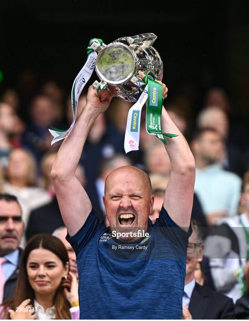 23 July 2023; Limerick team logistics manager Éibhear O'Dea lifts the Liam MacCarthy Cup after the GAA Hurling All-Ireland Senior Championship final match between Kilkenny and Limerick at Croke Park in Dublin. Photo by Ramsey Cardy/Sportsfile