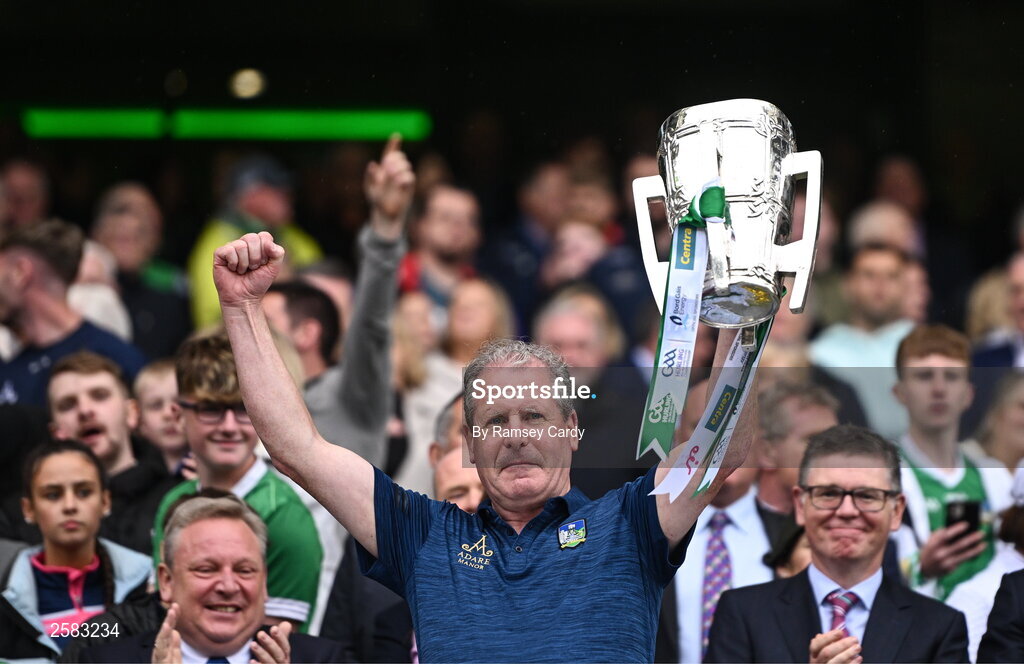 23 July 2023; Limerick kitman Ger O'Connell lifts the Liam MacCarthy Cup after the GAA Hurling All-Ireland Senior Championship final match between Kilkenny and Limerick at Croke Park in Dublin. Photo by Ramsey Cardy/Sportsfile