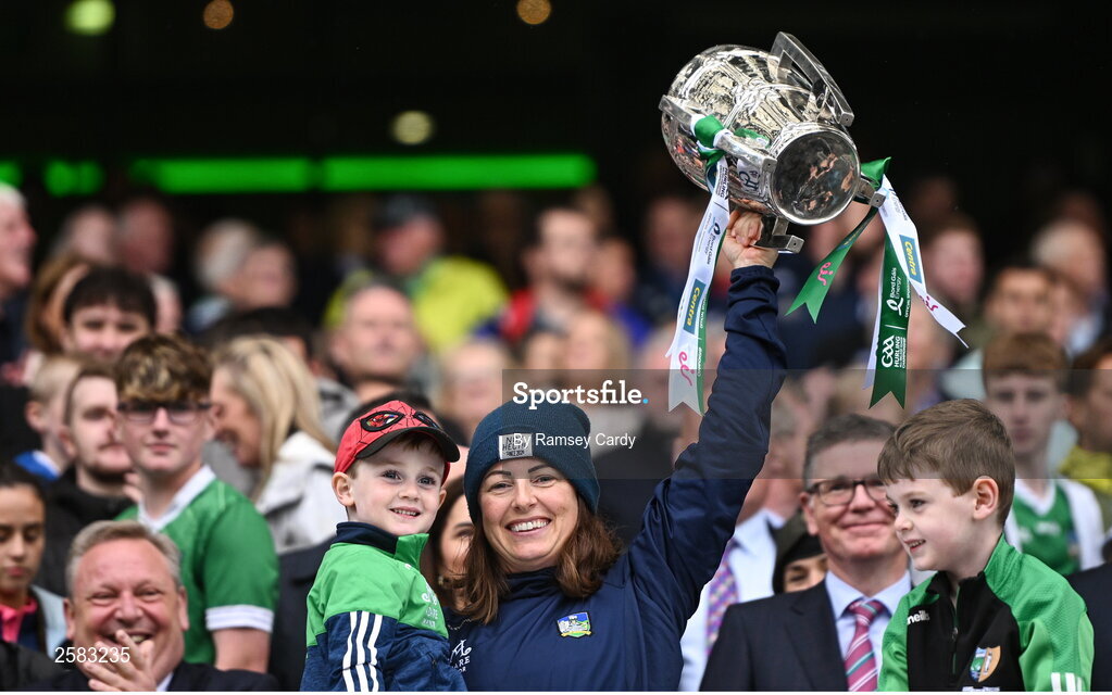 23 July 2023; Limerick performance psychologist Caroline Currid lifts the Liam MacCarthy Cup after the GAA Hurling All-Ireland Senior Championship final match between Kilkenny and Limerick at Croke Park in Dublin. Photo by Ramsey Cardy/Sportsfile