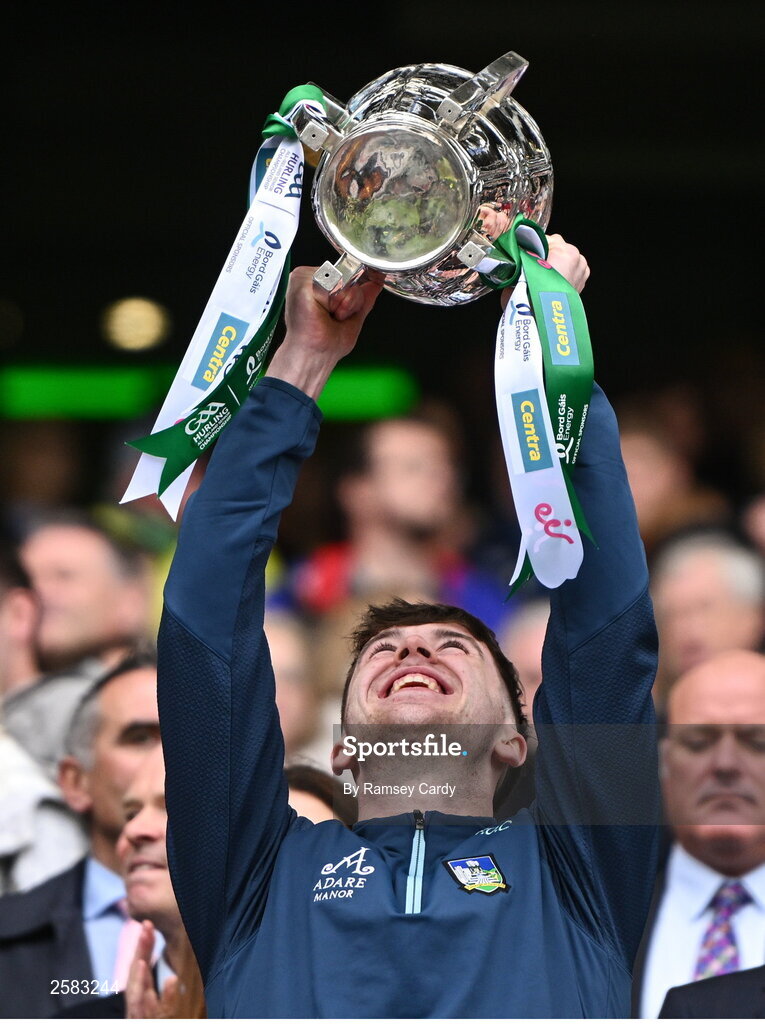 23 July 2023; Fergal O'Connor lifts the Liam MacCarthy Cup after the GAA Hurling All-Ireland Senior Championship final match between Kilkenny and Limerick at Croke Park in Dublin. Photo by Ramsey Cardy/Sportsfile