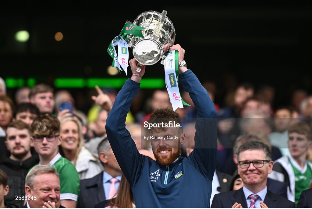 23 July 2023; Micheál Houlihan of Limerick lifts the Liam MacCarthy Cup after the GAA Hurling All-Ireland Senior Championship final match between Kilkenny and Limerick at Croke Park in Dublin. Photo by Ramsey Cardy/Sportsfile