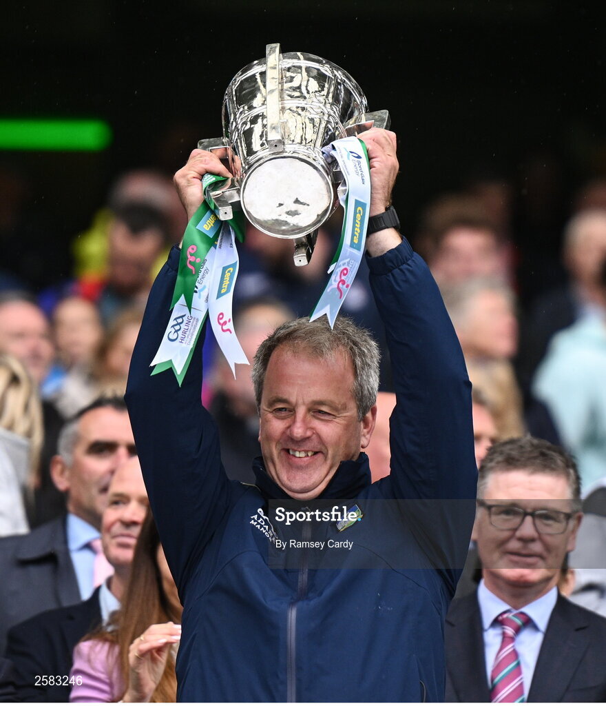 23 July 2023; Limerick selector Alan Cunningham lifts the Liam MacCarthy Cup after the GAA Hurling All-Ireland Senior Championship final match between Kilkenny and Limerick at Croke Park in Dublin. Photo by Ramsey Cardy/Sportsfile