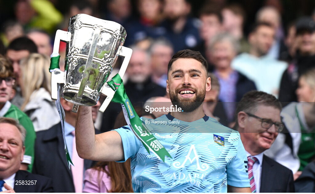 23 July 2023; Limerick strength & conditioning coach Cairbre Ó Cairealláin lifts the Liam MacCarthy Cup after the GAA Hurling All-Ireland Senior Championship final match between Kilkenny and Limerick at Croke Park in Dublin. Photo by Ramsey Cardy/Sportsfile