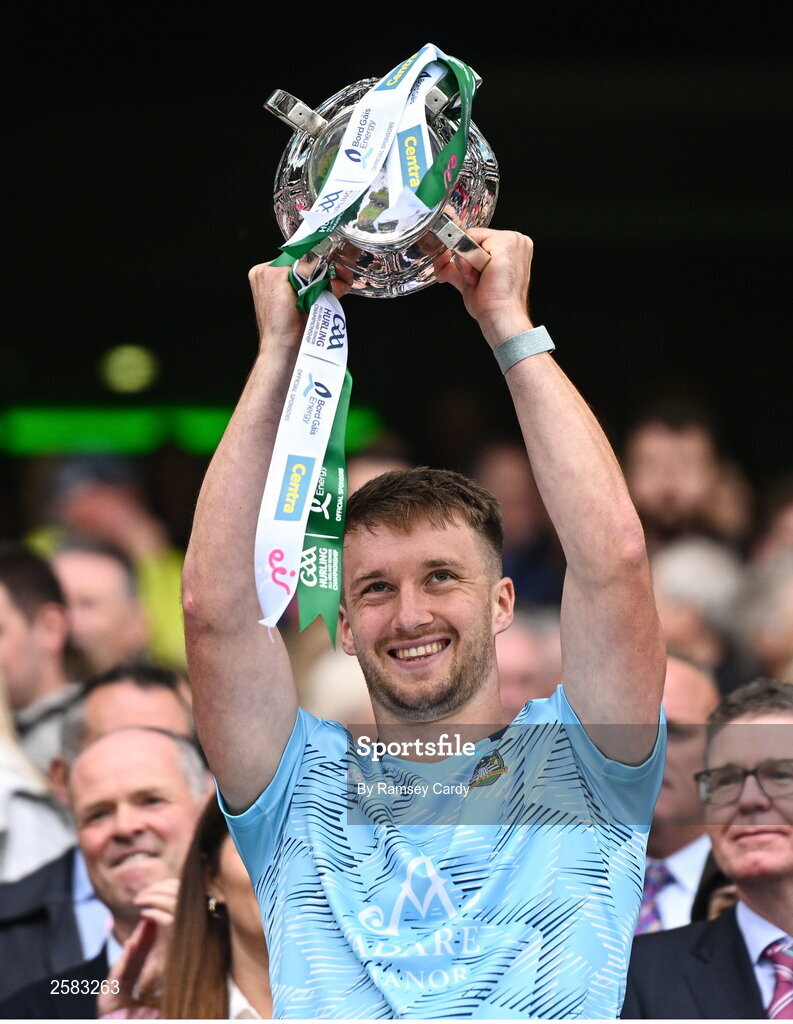 23 July 2023; Ciarán Barry of Limerick lifts the Liam MacCarthy Cup after the GAA Hurling All-Ireland Senior Championship final match between Kilkenny and Limerick at Croke Park in Dublin. Photo by Ramsey Cardy/Sportsfile