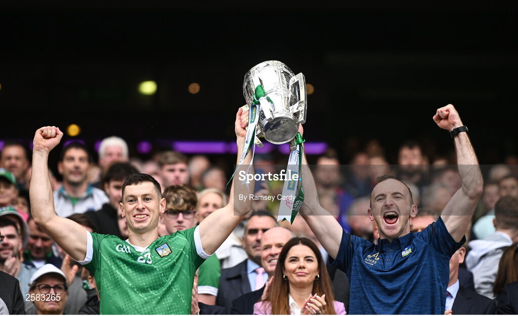 23 July 2023; Barry Murphy, left, and Richie English of Limerick lift the Liam MacCarthy Cup after the GAA Hurling All-Ireland Senior Championship final match between Kilkenny and Limerick at Croke Park in Dublin. Photo by Ramsey Cardy/Sportsfile