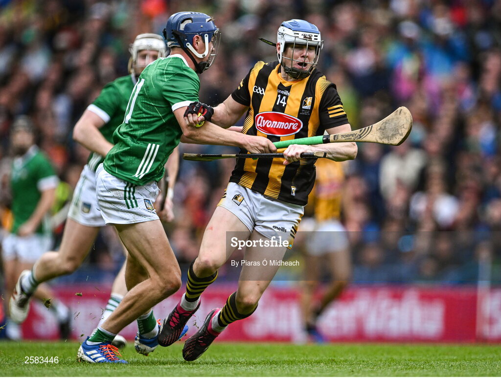 23 July 2023; TJ Reid of Kilkenny in action against David Reidy of Limerick during the GAA Hurling All-Ireland Senior Championship final match between Kilkenny and Limerick at Croke Park in Dublin. Photo by Piaras Ó Mídheach/Sportsfile