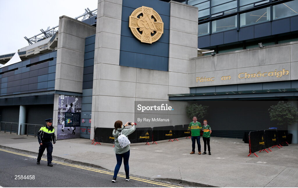 30 July 2023; Kerry supporters are photographed outside the Main Entrance before the GAA Football All-Ireland Senior Championship final match between Dublin and Kerry at Croke Park in Dublin. Photo by Ray McManus/Sportsfile