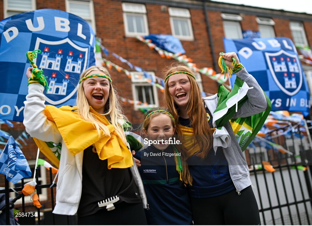 30 July 2023; Kerry supporting sisters, from left, Daisy, age 13, Tiernagh, age 10, and Sarah Lily McGill, age 14, from Cahersiveen before the GAA Football All-Ireland Senior Championship final match between Dublin and Kerry at Croke Park in Dublin. Photo by David Fitzgerald/Sportsfile