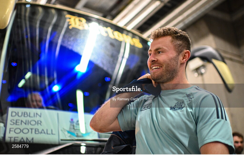 30 July 2023; Jack McCaffrey of Dublin arrives before the GAA Football All-Ireland Senior Championship final match between Dublin and Kerry at Croke Park in Dublin. Photo by Ramsey Cardy/Sportsfile