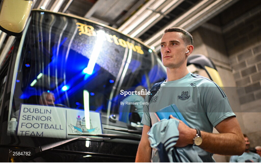 30 July 2023; Brian Fenton of Dublin arrives before the GAA Football All-Ireland Senior Championship final match between Dublin and Kerry at Croke Park in Dublin. Photo by Ramsey Cardy/Sportsfile