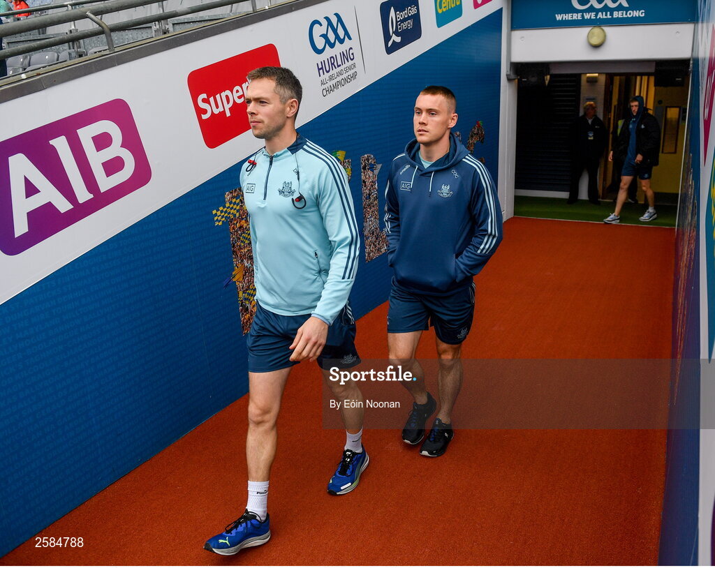 30 July 2023; Dublin players from left, Dean Rock and Con O'Callaghan before the GAA Football All-Ireland Senior Championship final match between Dublin and Kerry at Croke Park in Dublin. Photo by Eóin Noonan/Sportsfile