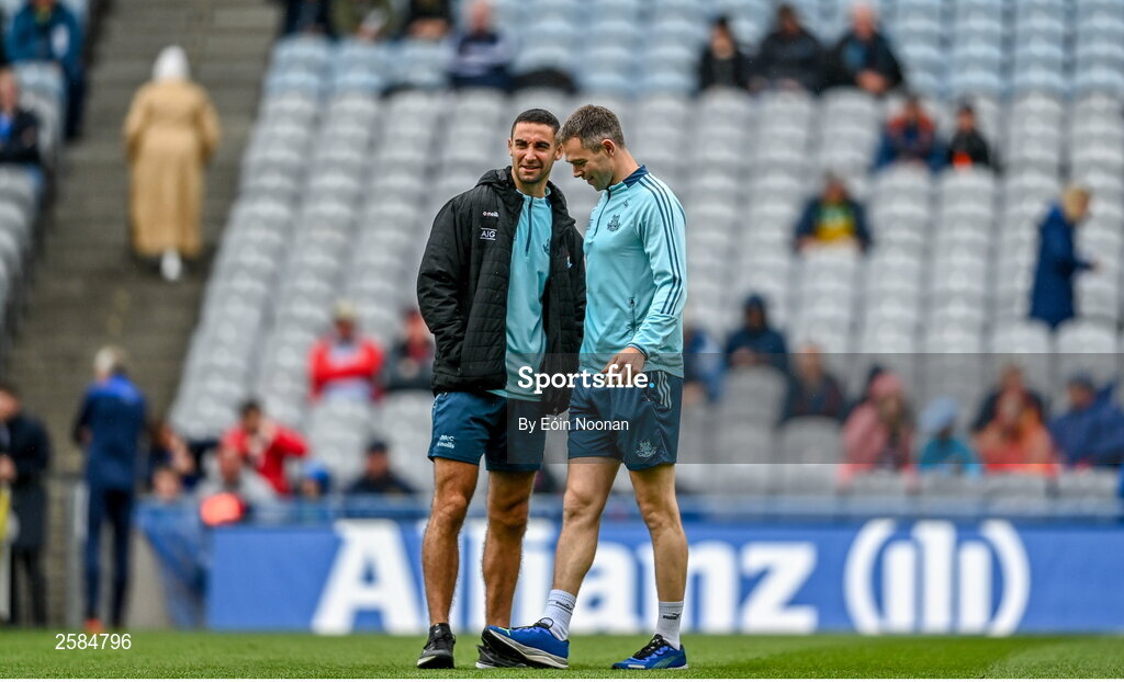 30 July 2023; Dublin players from left, James McCarthy and Dean Rock before the GAA Football All-Ireland Senior Championship final match between Dublin and Kerry at Croke Park in Dublin. Photo by Eóin Noonan/Sportsfile