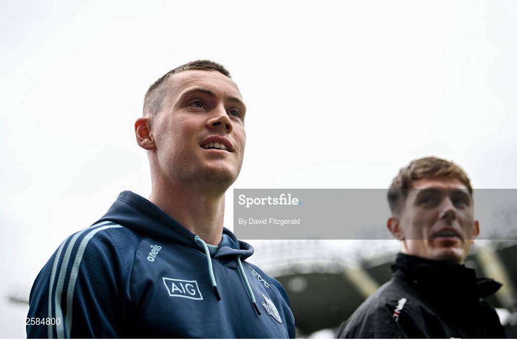 30 July 2023; Dublin players from left, Con O'Callaghan and Michael Fitzsimons before the GAA Football All-Ireland Senior Championship final match between Dublin and Kerry at Croke Park in Dublin. Photo by David Fitzgerald/Sportsfile
