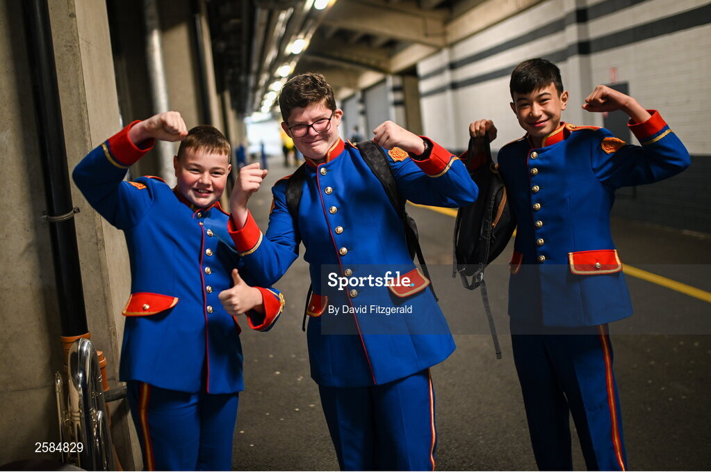 30 July 2023; Members of the Artane Band, from left, Oisin Rogan, Elliot Dunne and James Walsh before the GAA Football All-Ireland Senior Championship final match between Dublin and Kerry at Croke Park in Dublin. Photo by David Fitzgerald/Sportsfile