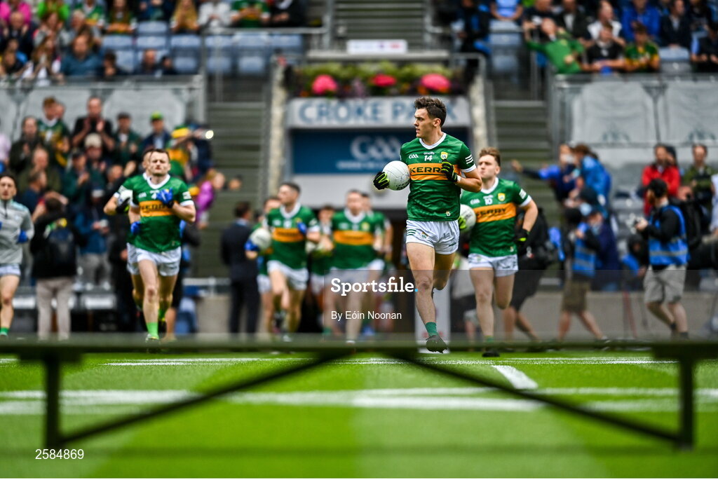 30 July 2023; David Clifford of Kerry leads his side out before the GAA Football All-Ireland Senior Championship final match between Dublin and Kerry at Croke Park in Dublin. Photo by Eóin Noonan/Sportsfile