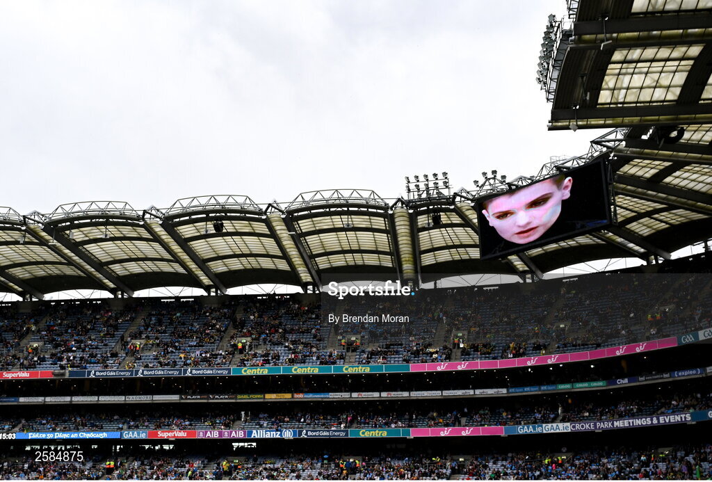 30 July 2023; A tribute is paid to the late Irish singer Sinéad O'Connor before the GAA Football All-Ireland Senior Championship final match between Dublin and Kerry at Croke Park in Dublin. Photo by Brendan Moran/Sportsfile
