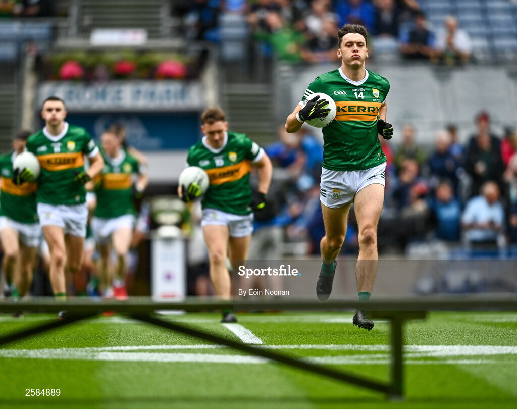 30 July 2023; David Clifford of Kerry leads his side out before the GAA Football All-Ireland Senior Championship final match between Dublin and Kerry at Croke Park in Dublin. Photo by Eóin Noonan/Sportsfile