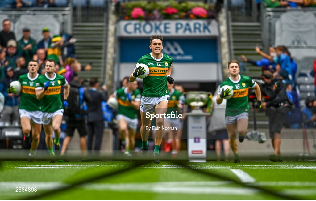30 July 2023; David Clifford of Kerry leads his side out before the GAA Football All-Ireland Senior Championship final match between Dublin and Kerry at Croke Park in Dublin. Photo by Eóin Noonan/Sportsfile Photo by Eóin Noonan/Sportsfile