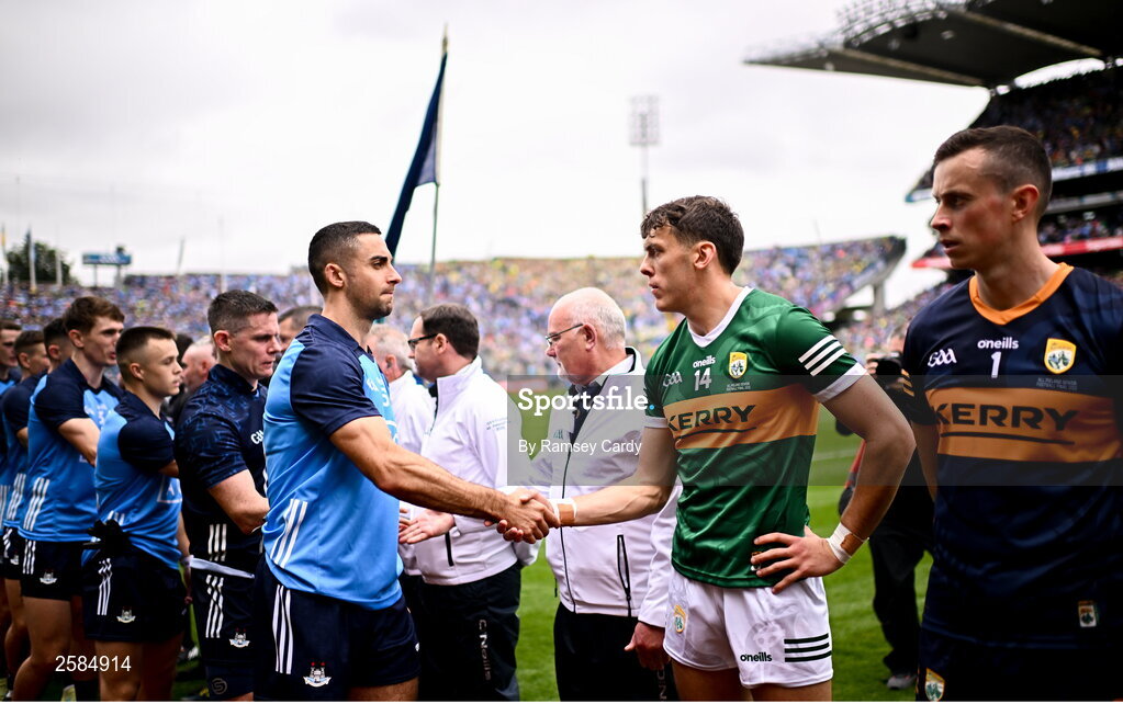30 July 2023; Team captains James McCarthy of Dublin and David Clifford of Kerry before the GAA Football All-Ireland Senior Championship final match between Dublin and Kerry at Croke Park in Dublin. Photo by Ramsey Cardy/Sportsfile