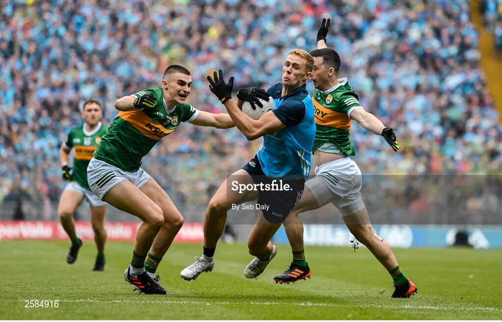 30 July 2023; Paul Mannion of Dublin in action against Kerry players Sean O'Shea, left, and Paul Murphy during the GAA Football All-Ireland Senior Championship final match between Dublin and Kerry at Croke Park in Dublin. Photo by Seb Daly/Sportsfile