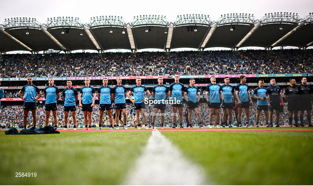 30 July 2023; The Dublin team before the GAA Football All-Ireland Senior Championship final match between Dublin and Kerry at Croke Park in Dublin. Photo by Ramsey Cardy/Sportsfile